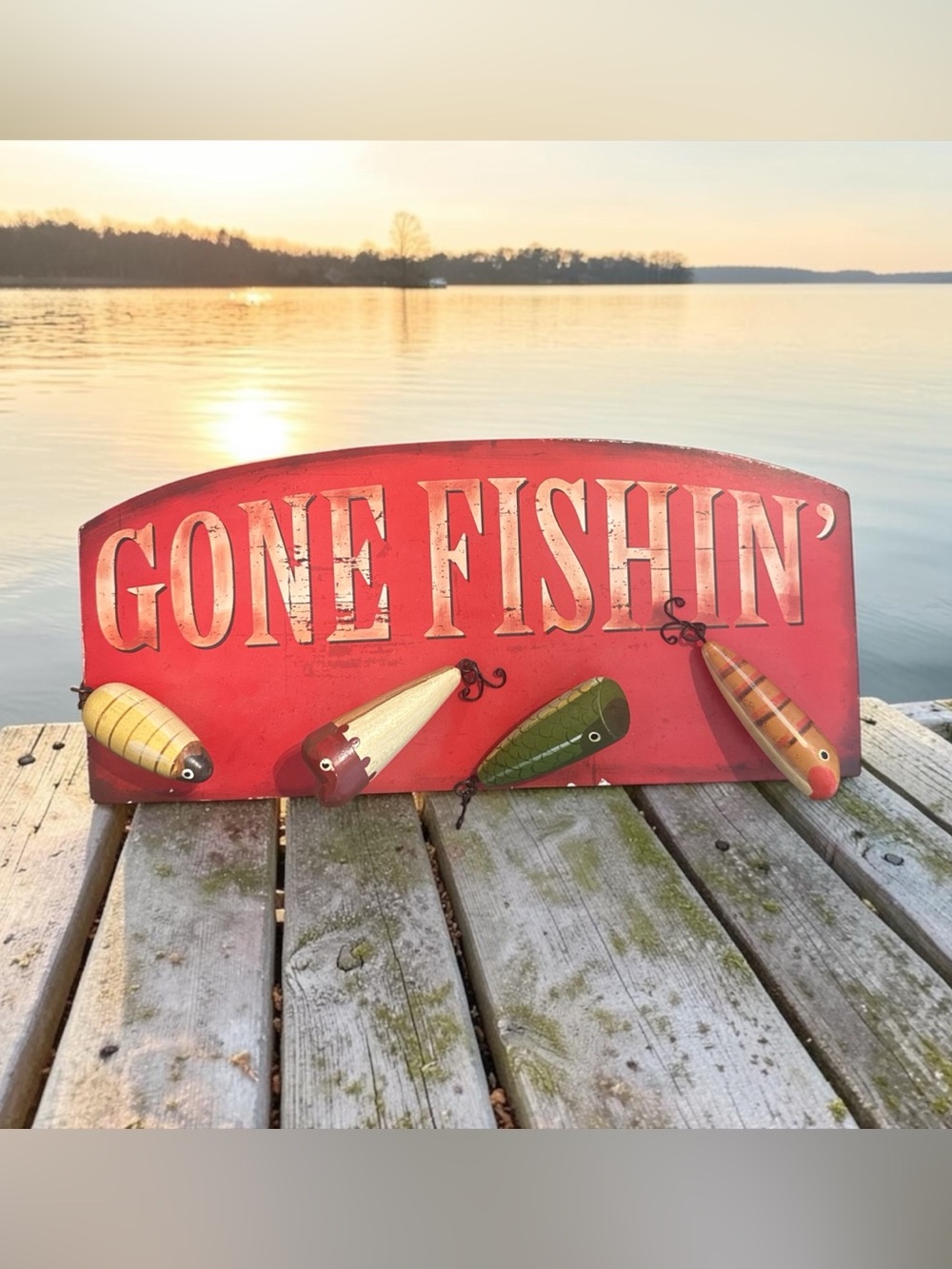 Gone Fishin' Red Wall Sign with Lure Accent